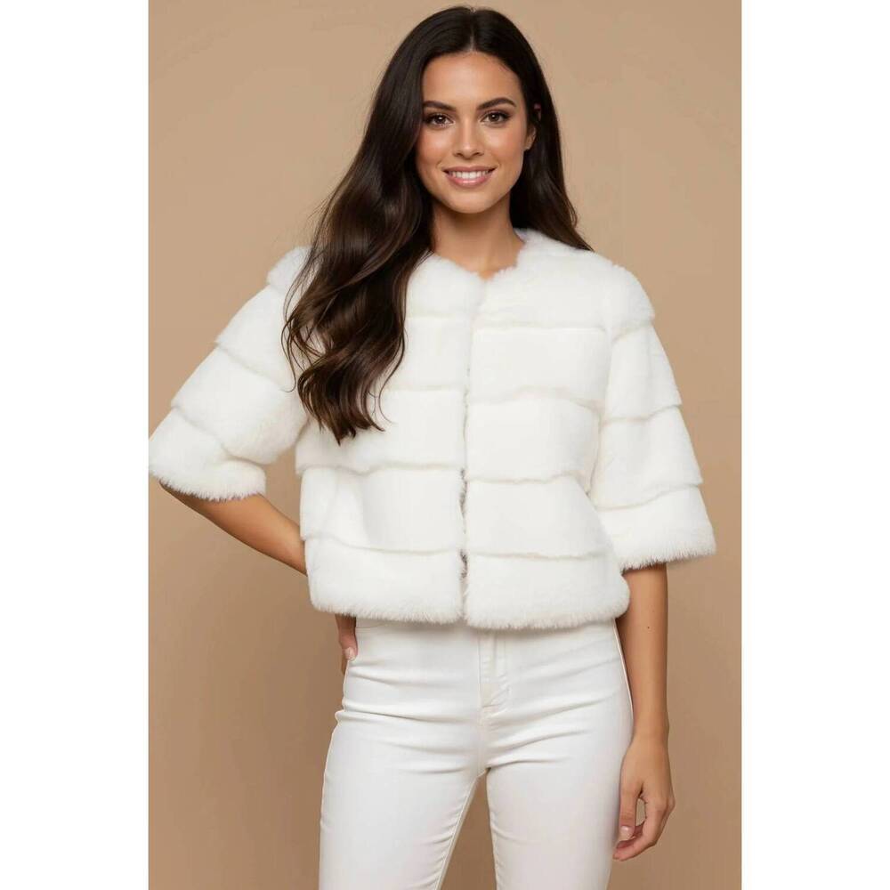 NEW METRIC KNITS faux fur half sleeve bolero jacket in white
